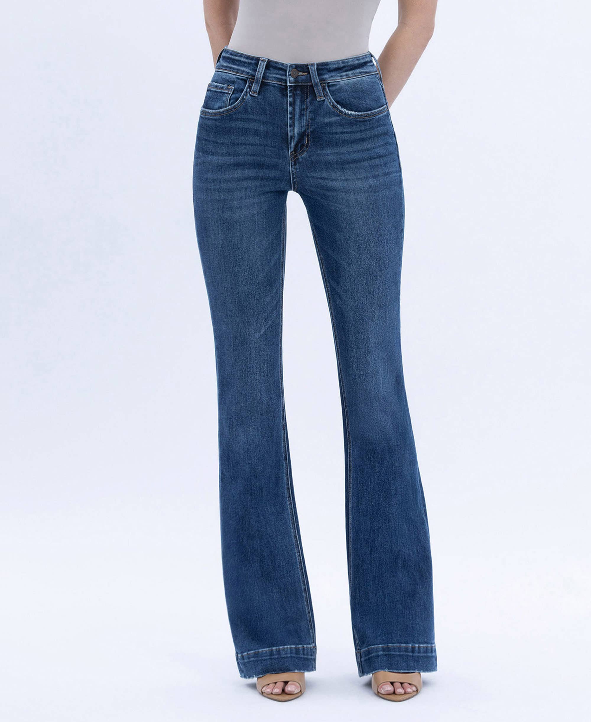 HIGH RISE DARK WASH TROUSER HEM BOOTCUT JEANS T6501