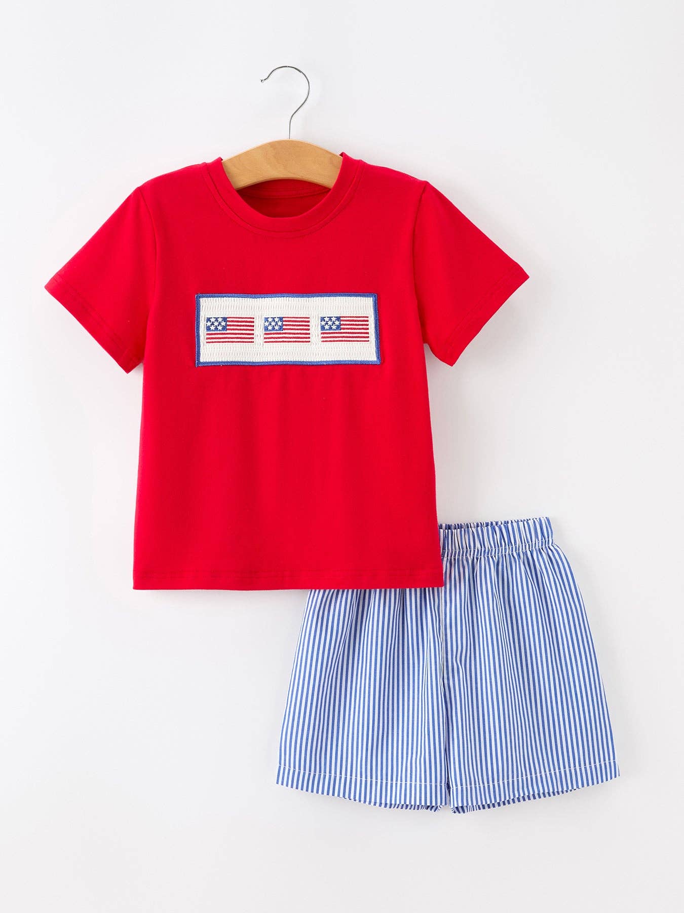 Girls 4th of July Flag Outfit Set Embroidery Plaid