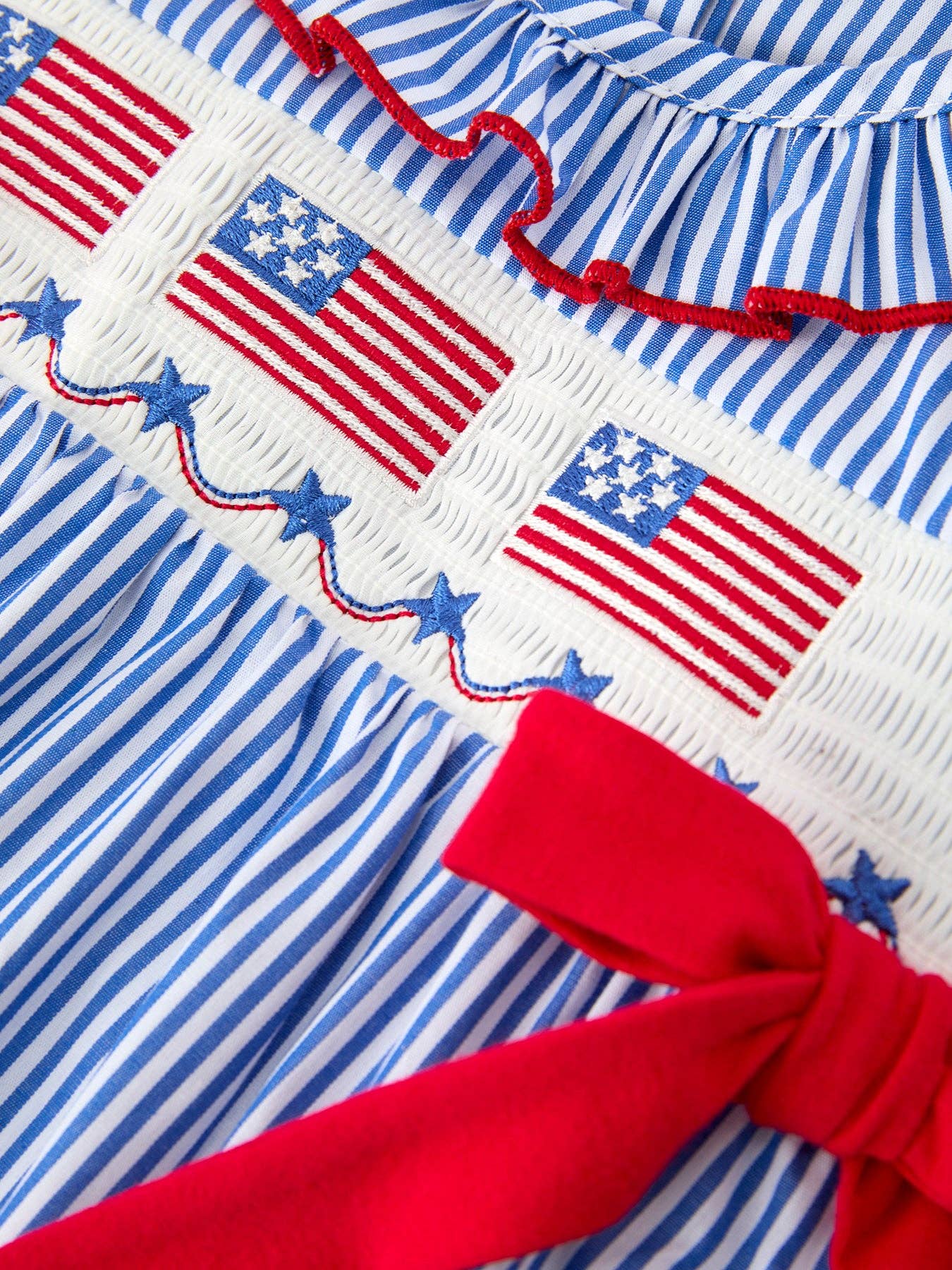 Girls 4th of July Plaid Romper Bow Smocked Embroidery