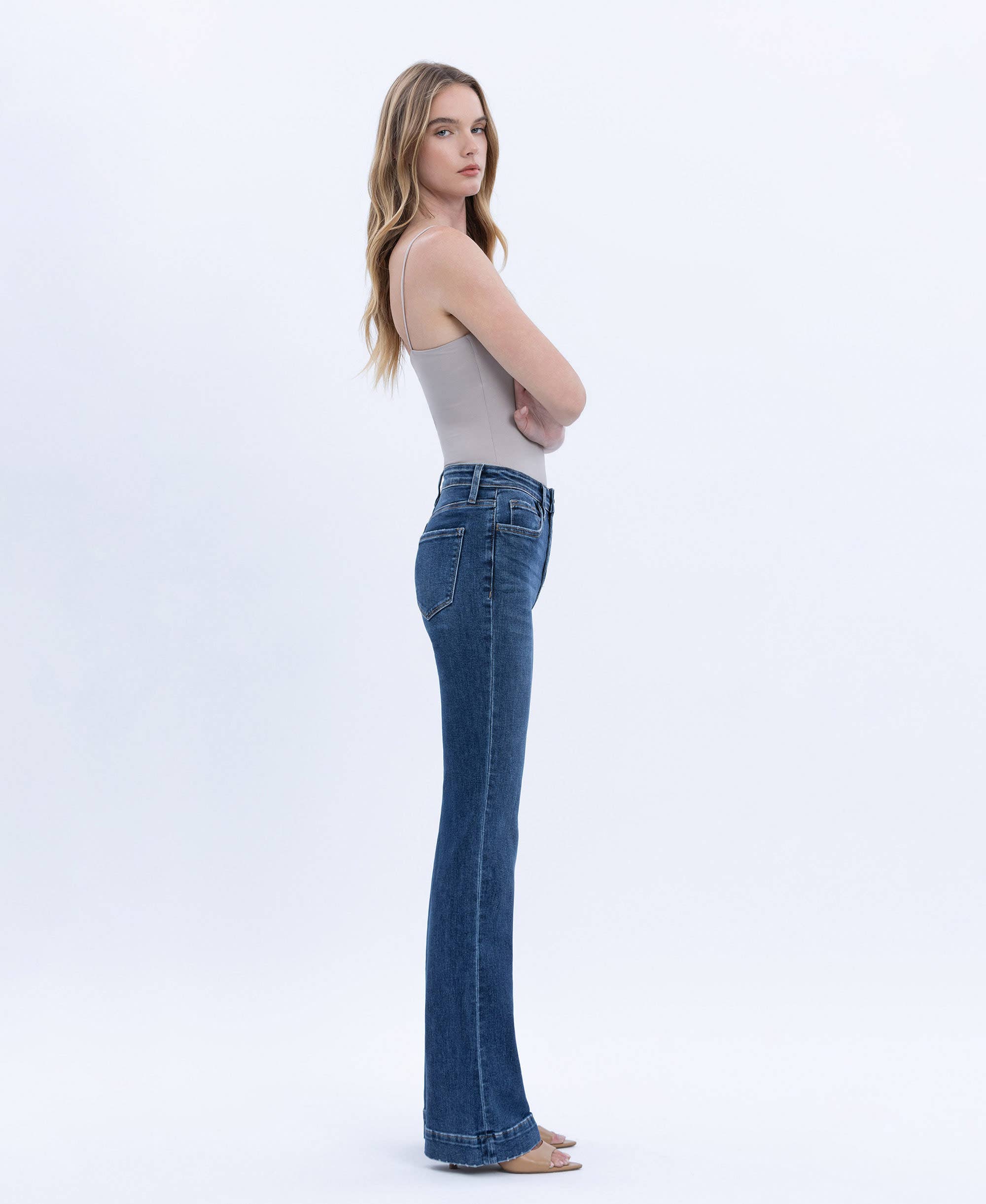 HIGH RISE DARK WASH TROUSER HEM BOOTCUT JEANS T6501