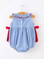 Girls 4th of July Plaid Romper Bow Smocked Embroidery