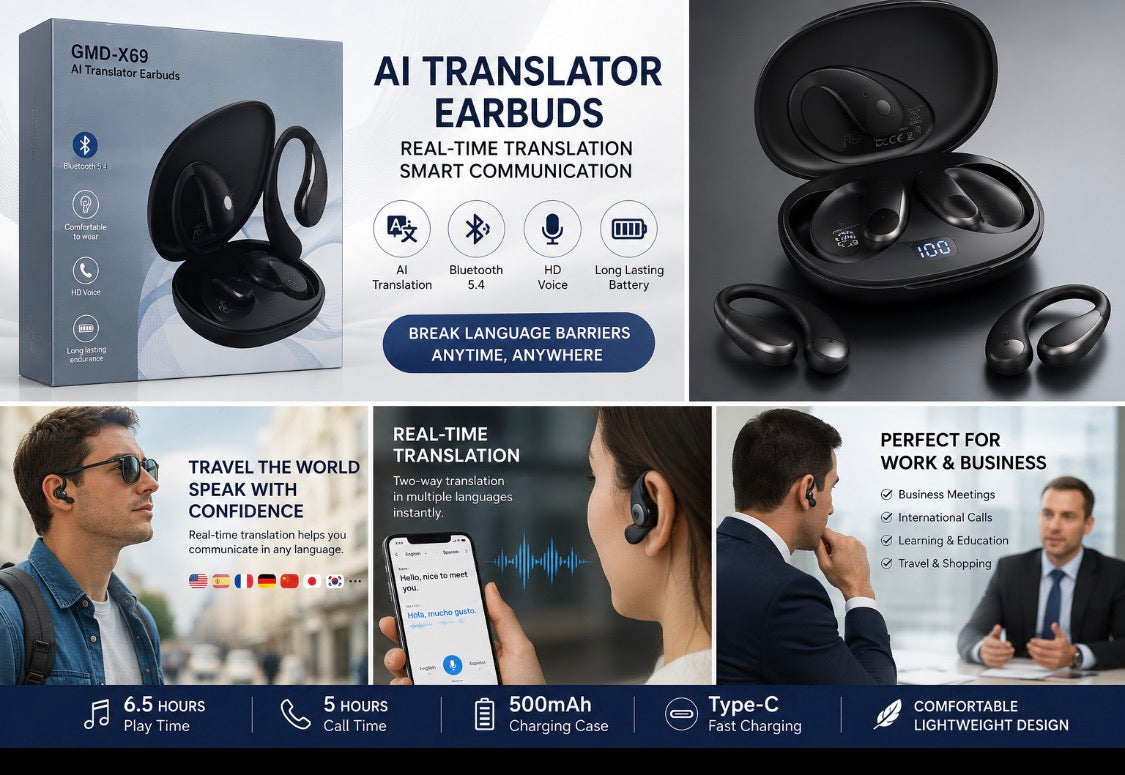 GMD-X69 AI Translator Earbuds | Bluetooth 5.4 Wireless Translation Headset
