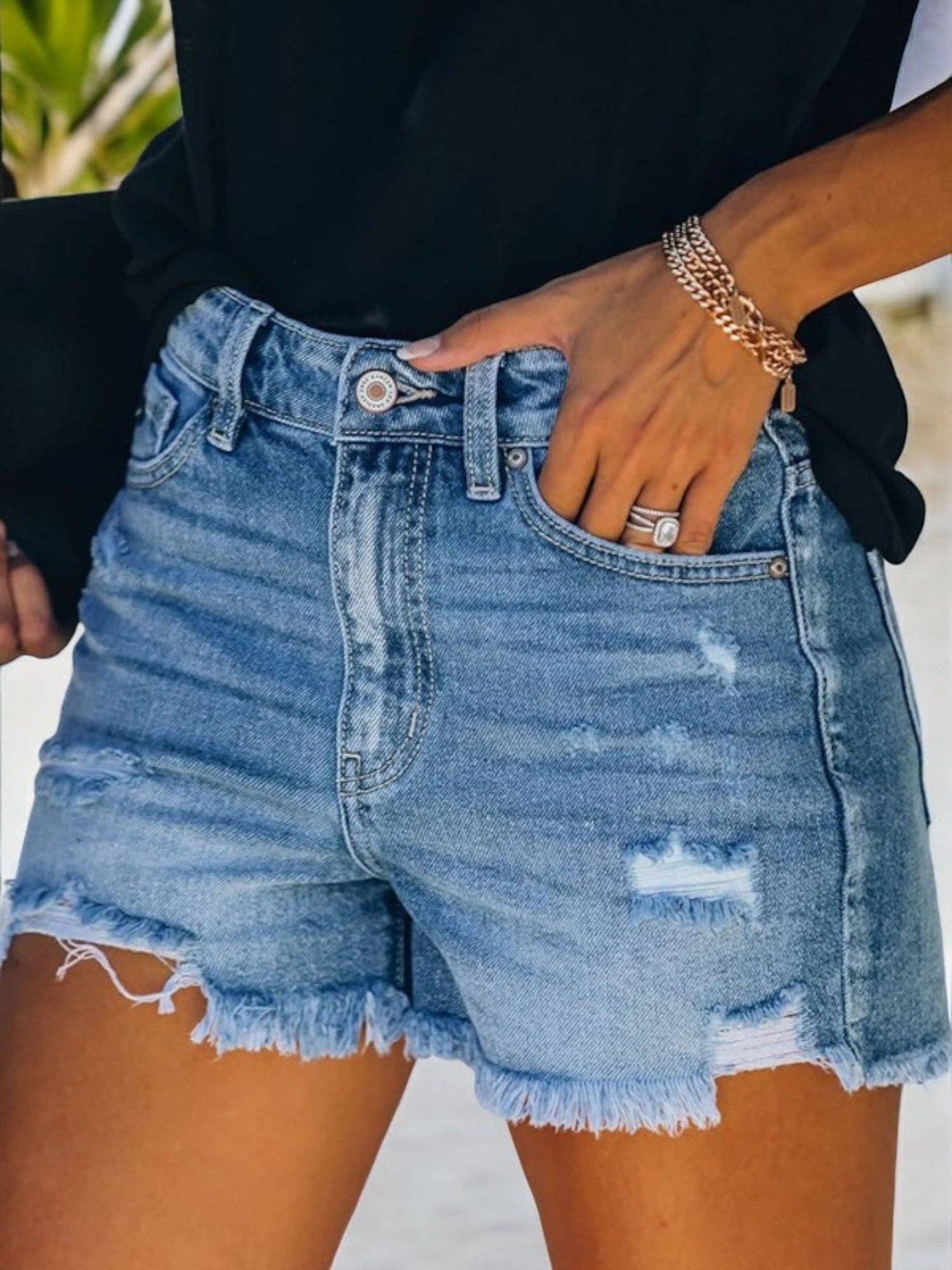 Distressed Denim Shorts with Frayed Hem