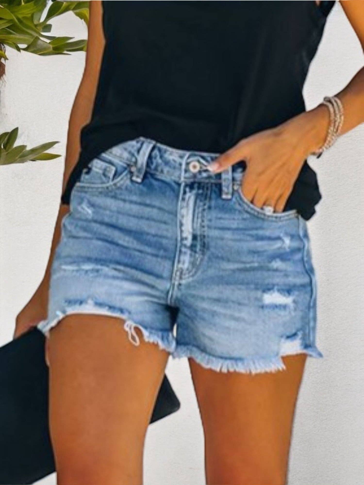 Distressed Denim Shorts with Frayed Hem