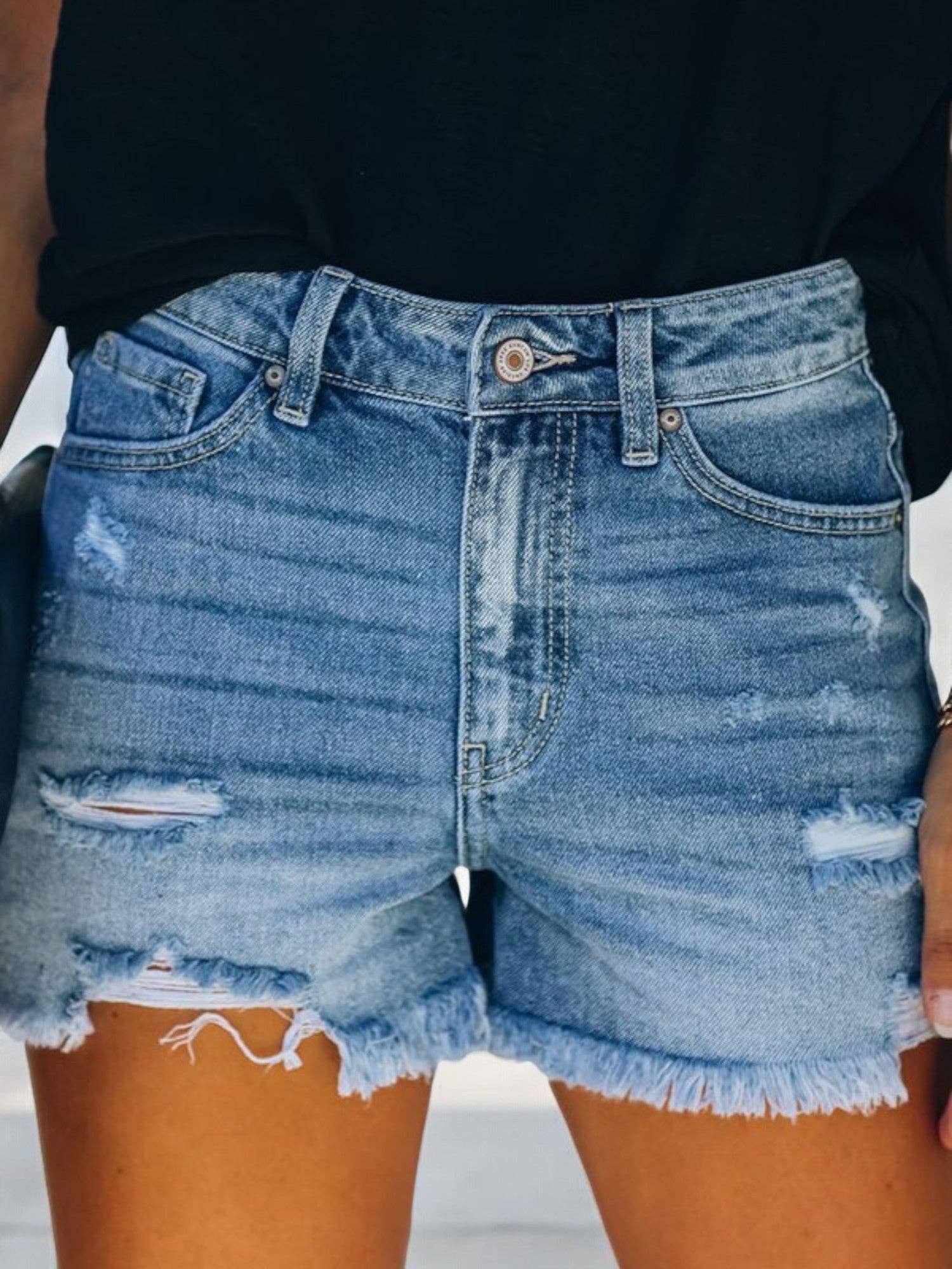 Distressed Denim Shorts with Frayed Hem