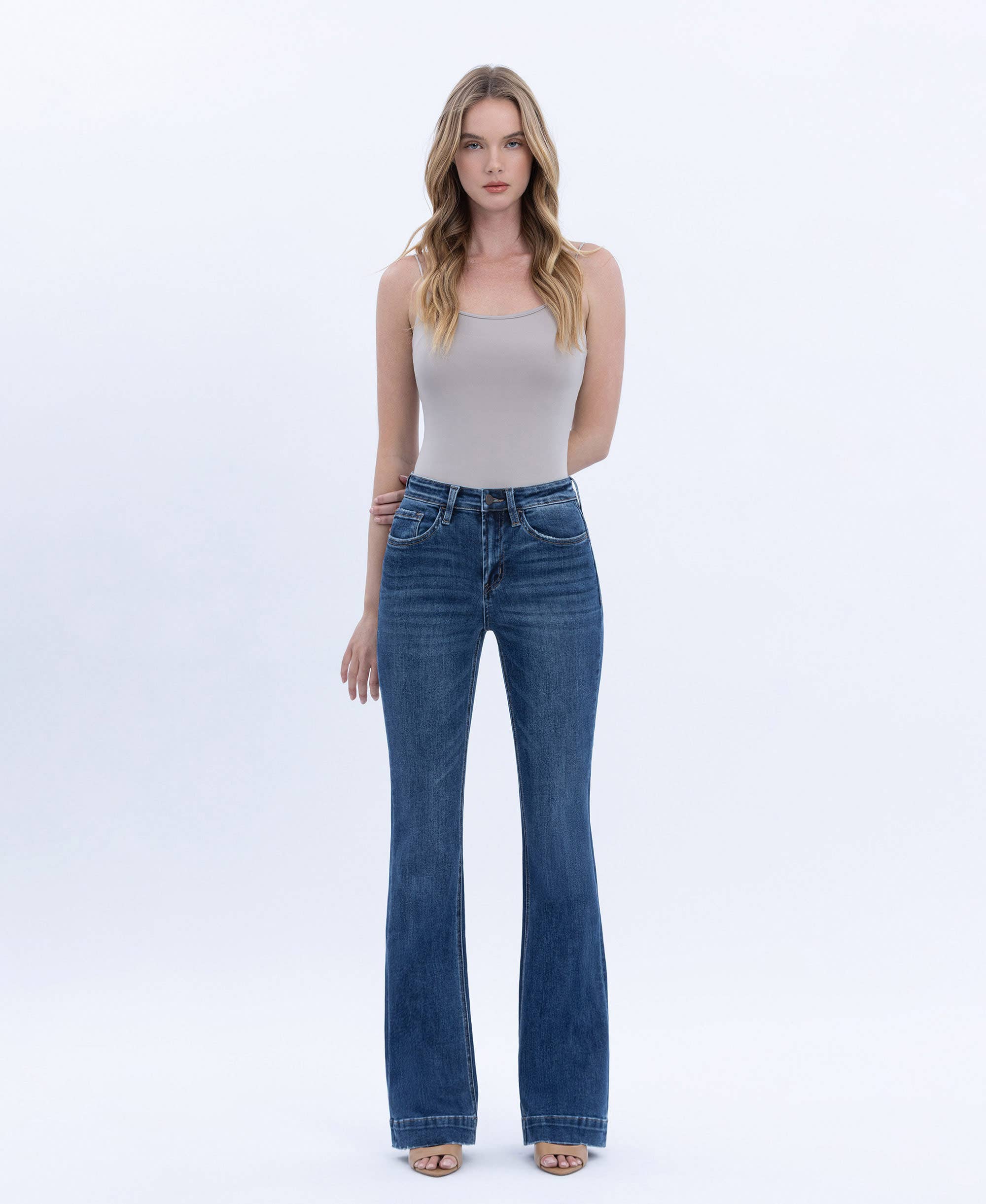 HIGH RISE DARK WASH TROUSER HEM BOOTCUT JEANS T6501