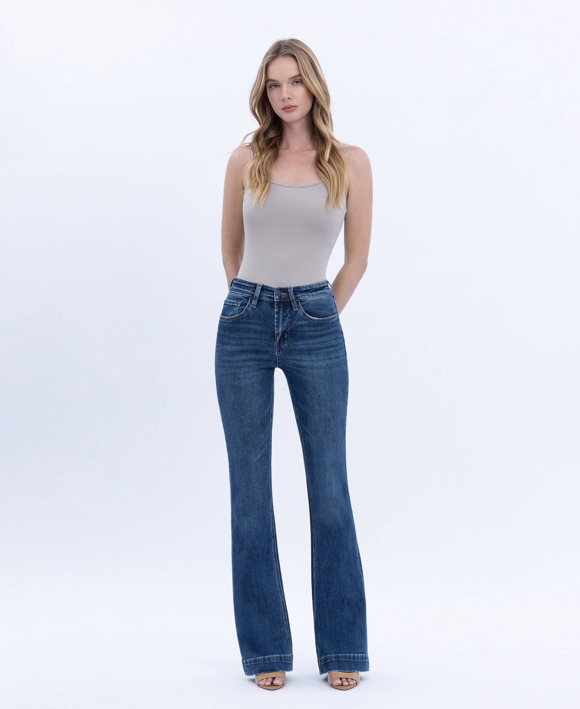 HIGH RISE DARK WASH TROUSER HEM BOOTCUT JEANS T6501