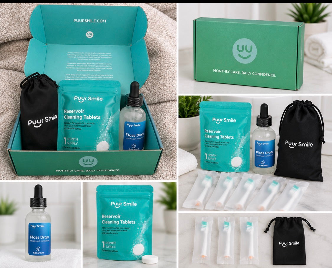 purr smile, monthly care, kit/floss drops + cleaning tablets+ replacement heads
